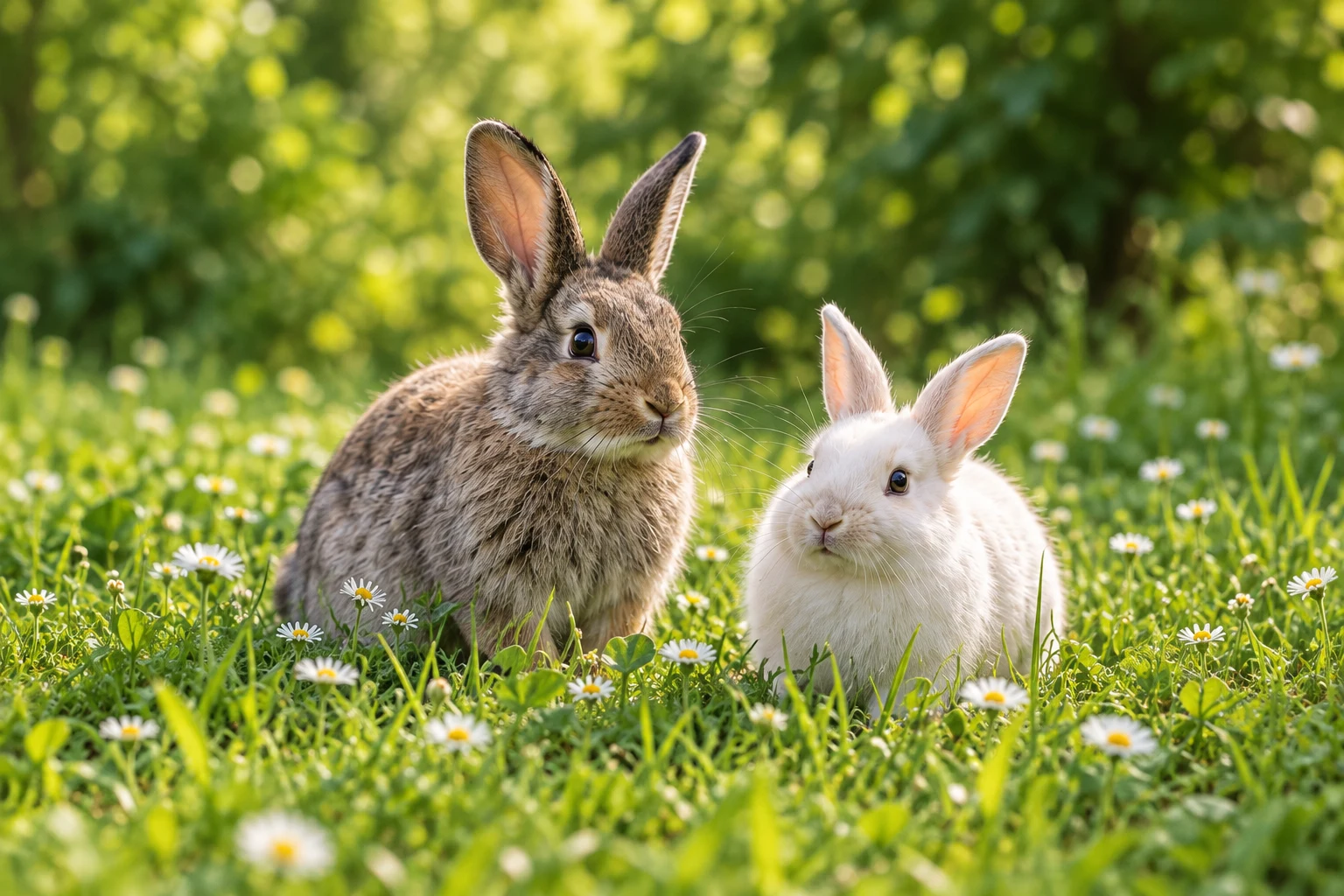 Symbolbild: ein braunes und ein weißes Kaninchen auf einer Wiese